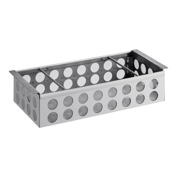 A silver metal Fryclone Coarse Strainer container with holes.