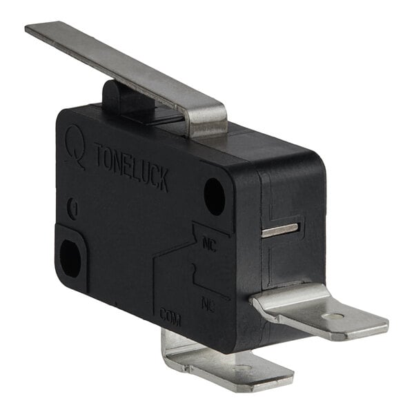 A black and silver micro switch with a silver handle.