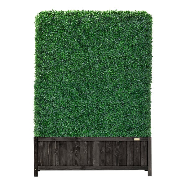 A NatraHedge artificial boxwood hedge on a black wooden planter.