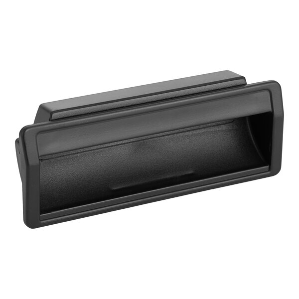 A black rectangular plastic door handle for a Noble Products glass washer.