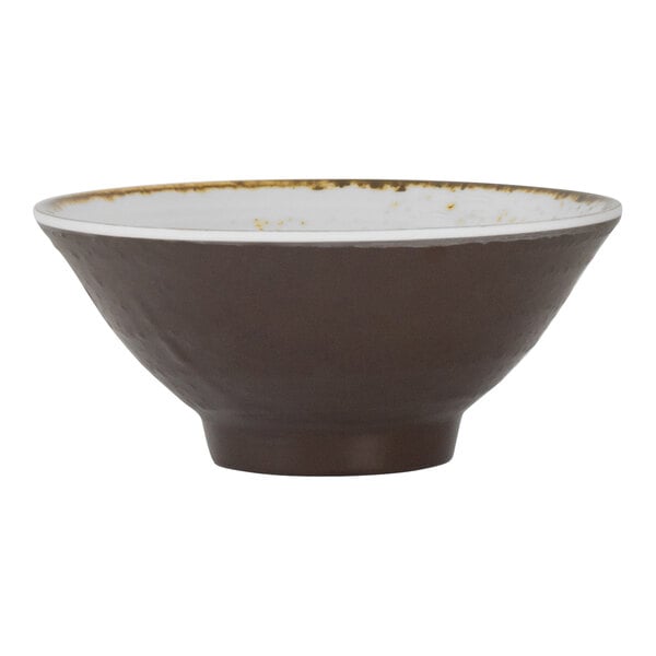 A brown bowl with a white rim.