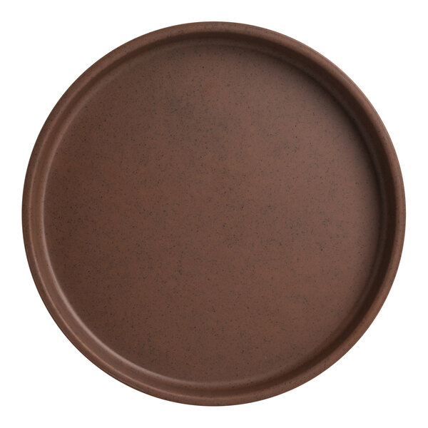 A close-up of a brown Creations Cali melamine plate with a brown rim.