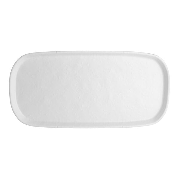 A white rectangular Creations Cali melamine tray with a rounded edge.