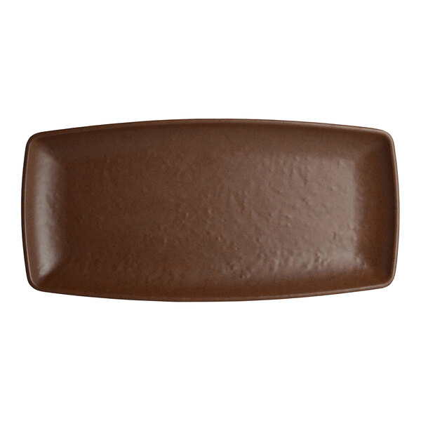 A brown rectangular Creations Cali melamine plate with a brown rim.