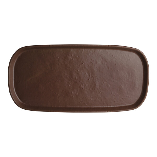 A brown rectangular tray with a white background.
