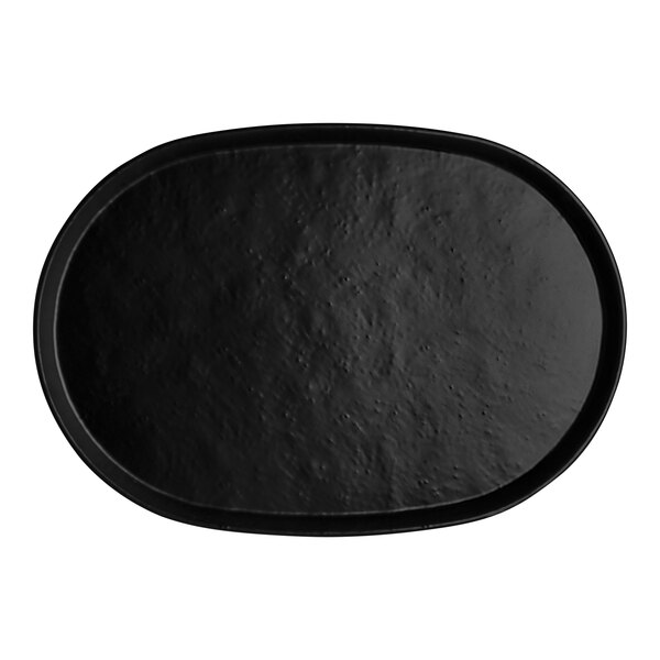 A black oval Creations Cali melamine tray with a black rim.