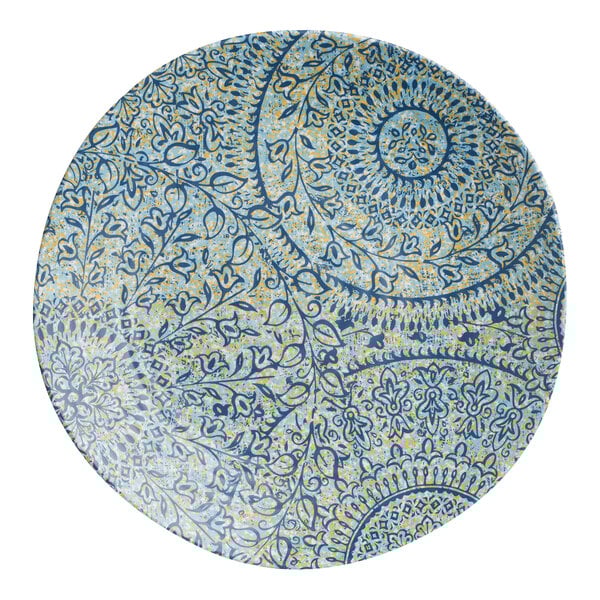 A white Steelite Solano melamine plate with a blue circular pattern.