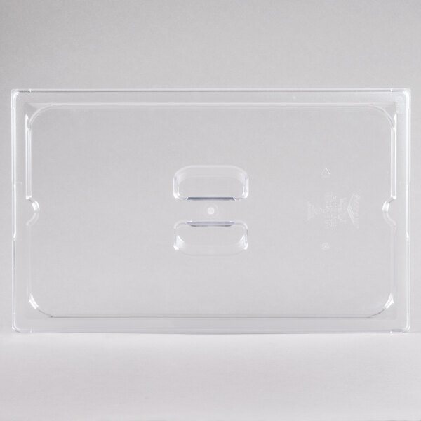 A clear plastic Vollrath Super Pan cover with a small hole.
