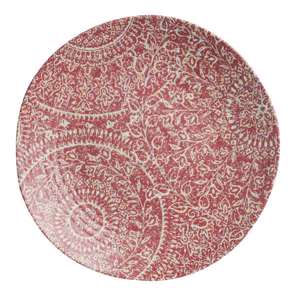 A red and white Steelite Solano melamine plate with a circular pattern.