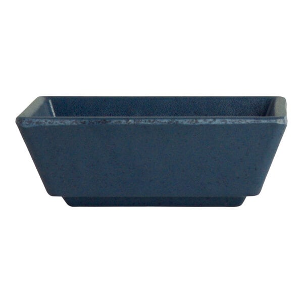 A blue rectangular bowl with speckled specks.