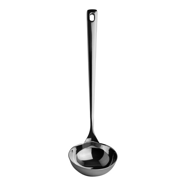 A stainless steel ladle with a black handle.