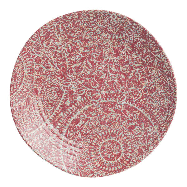 A white Steelite Solano melamine plate with a red paisley pattern.