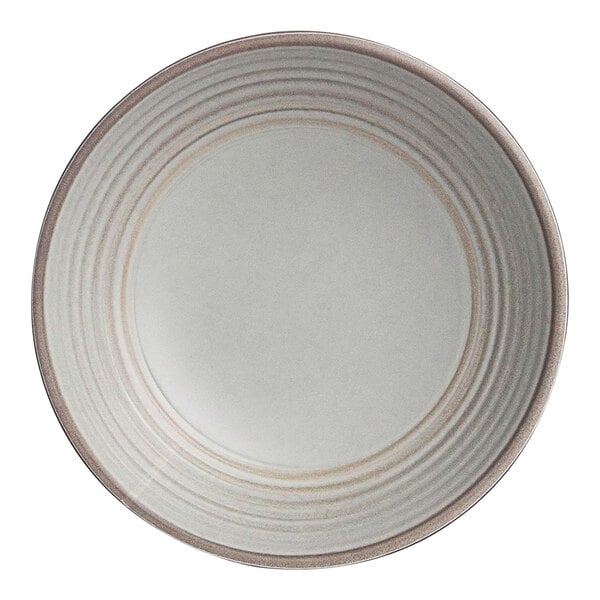 A white melamine bowl with a brown rim.