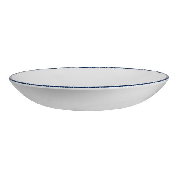 A white bowl with a blue rim.