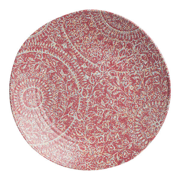 A white Steelite Solano melamine plate with a red paisley pattern.