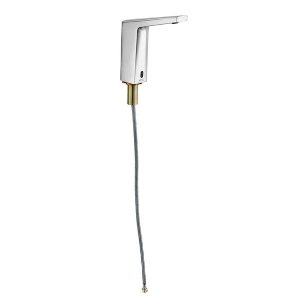 An American Standard silver deck-mount touchless lavatory faucet with a black button.