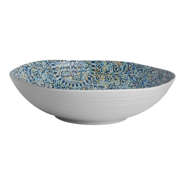 A Steelite Solano melamine bowl with a blue and yellow floral design.