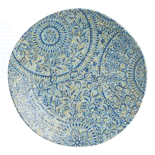A blue and yellow melamine plate with a circular pattern.