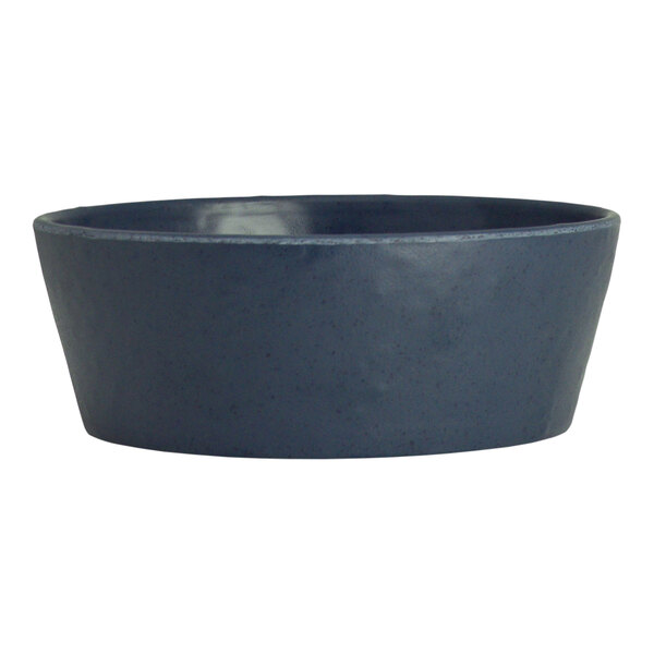 A blue Creations Cali melamine bowl with a rim.