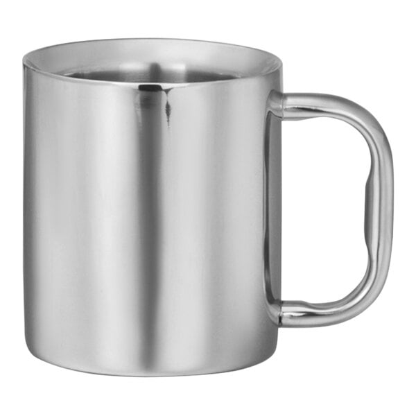 A stainless steel mug with a handle.