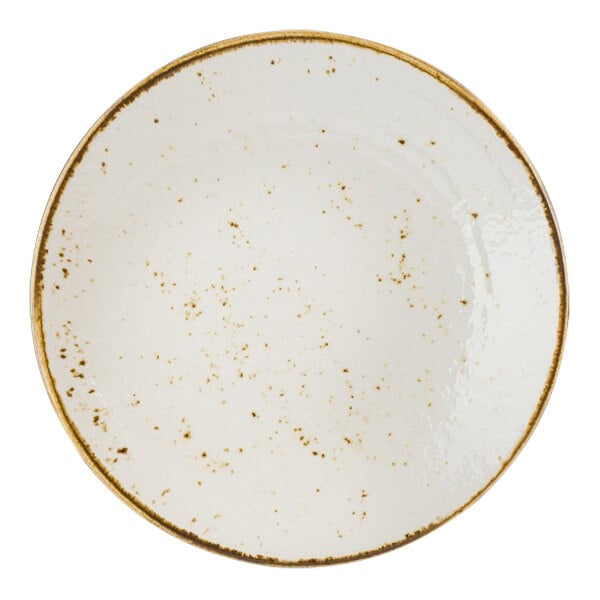 A white Creations Craft from Steelite International melamine plate with brown specks.
