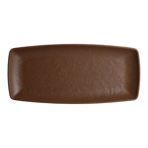 A brown rectangular Creations Cali melamine plate with a brown rim.