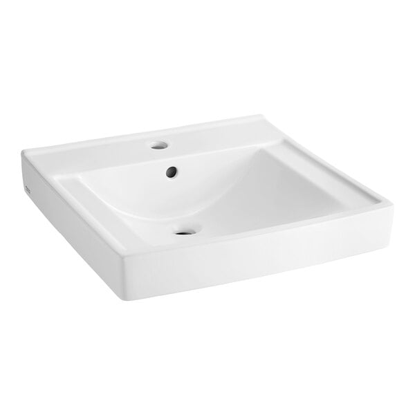 An American Standard white vitreous china wall-mount sink with a square bowl and two center holes.