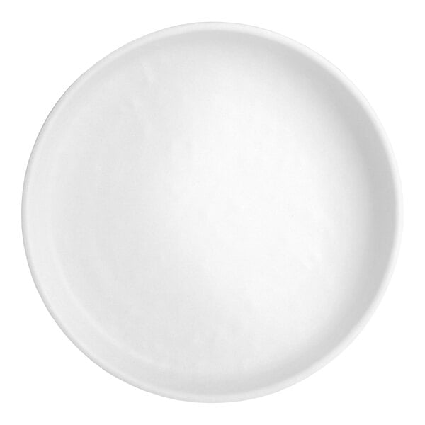 A close up of a white Creations Cali melamine plate with a white rim.