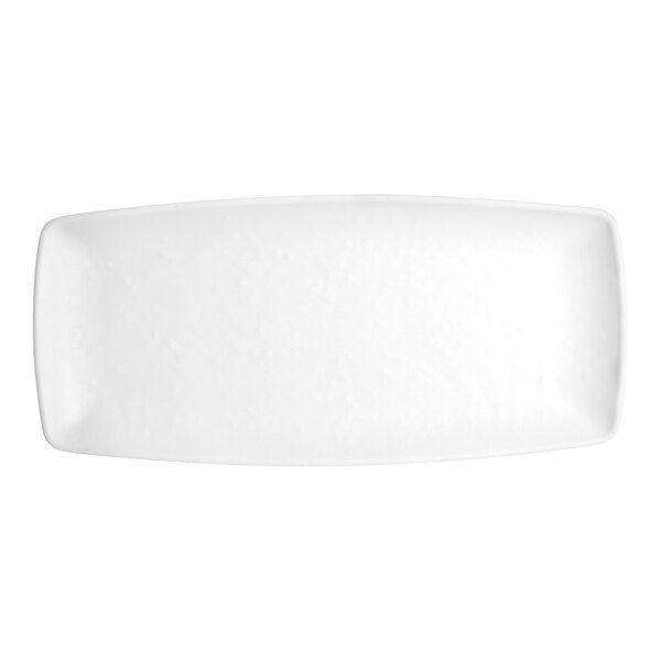 A white rectangular Creations Cali melamine plate with a white rim.