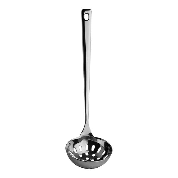 A stainless steel slotted ladle with a long handle.