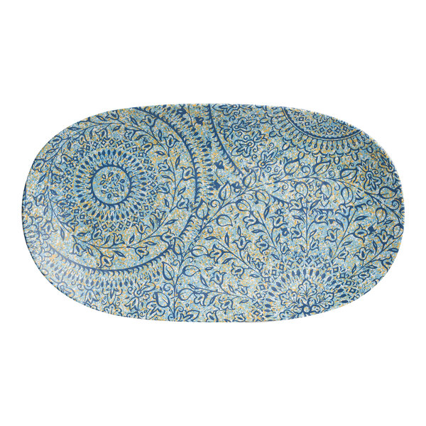 A blue and white oval Steelite Solano melamine platter with a circular design.