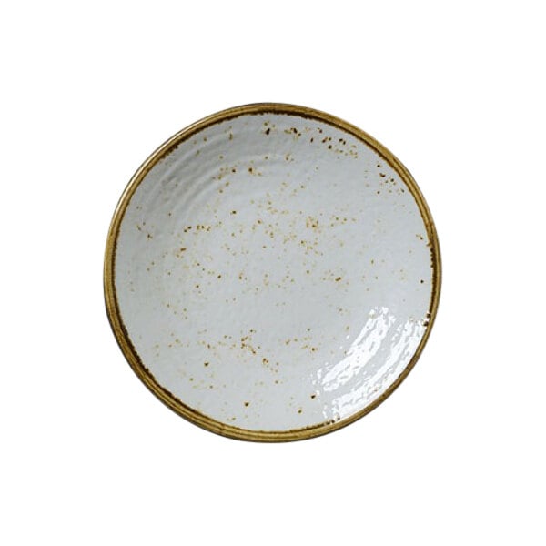 A close up of a white Creations Craft from Steelite International melamine plate with brown specks.
