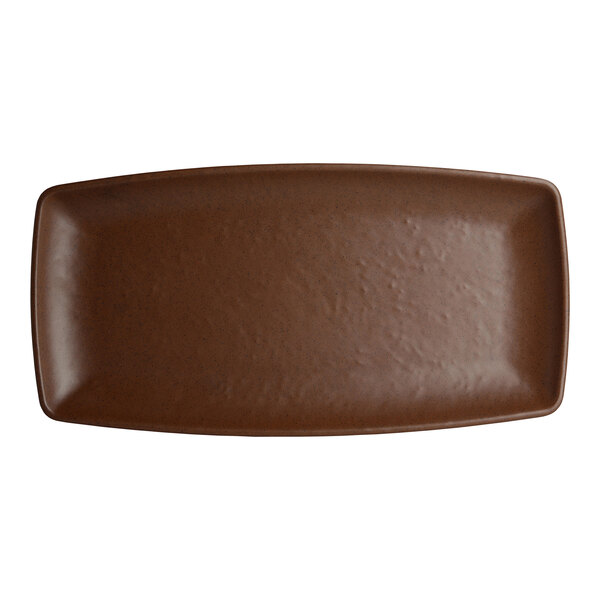 A brown rectangular Creations Cali melamine plate with a brown rim.