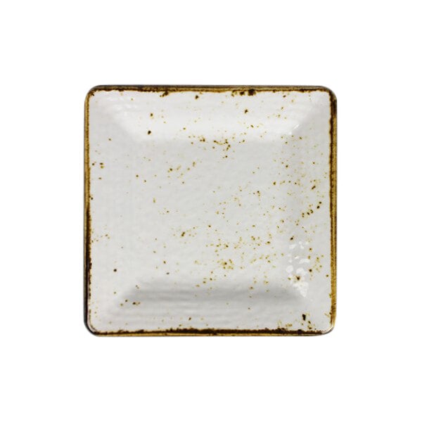 A white square plate with brown specks.