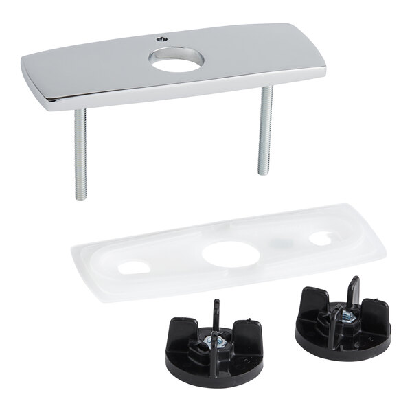 An American Standard chrome rectangular metal deck plate with a hole in it.