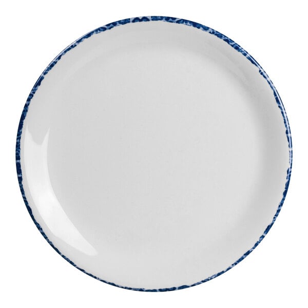 A white melamine plate with a blue rim.