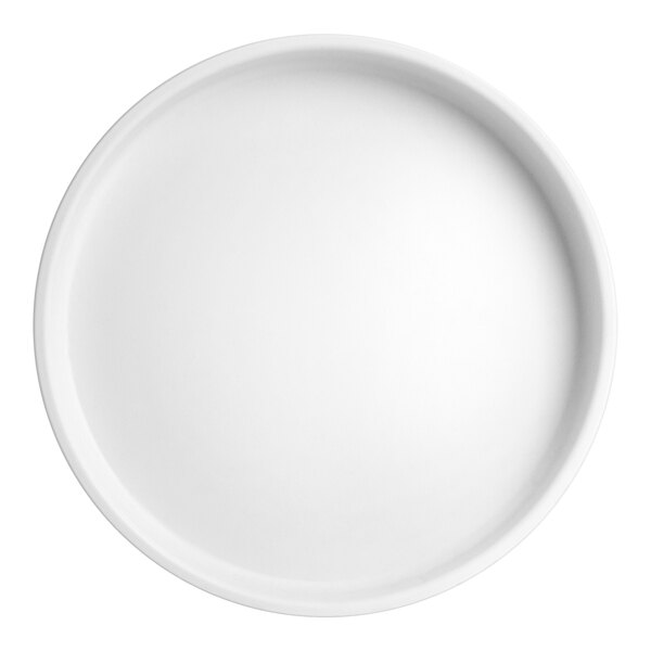 A close up of a white Creations Cali melamine plate with a round rim.