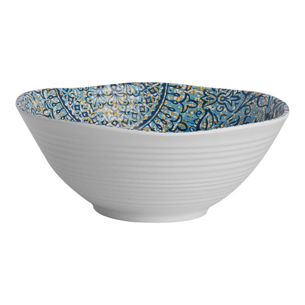 A white Steelite Solano melamine bowl with blue and yellow designs.