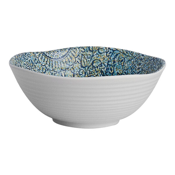 A white Steelite Solano melamine bowl with a blue and yellow pattern.