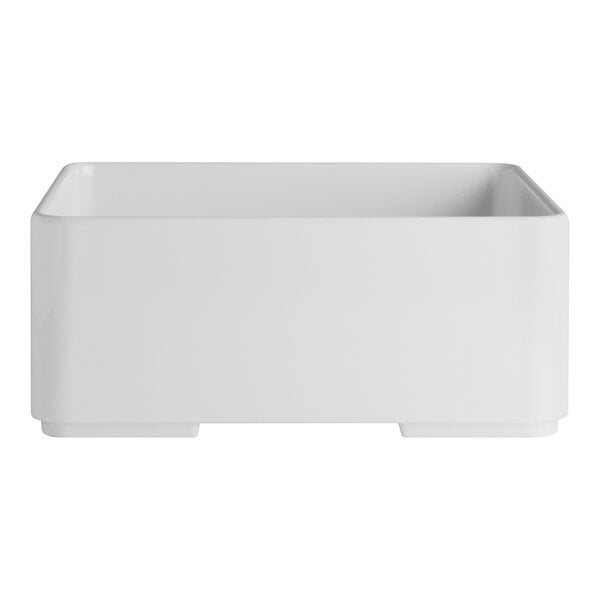 A white rectangular bowl with a square design on the corners.