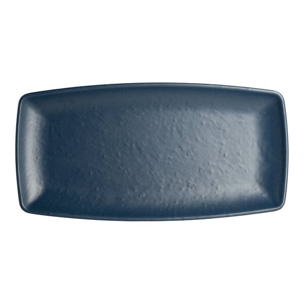 A close-up of a blue rectangular Creations Cali Harbor melamine plate with a dark blue surface.