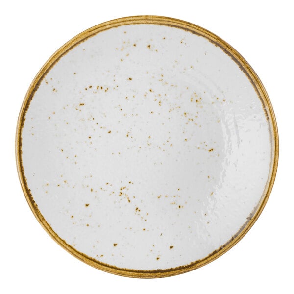 A white Creations Craft from Steelite International melamine plate with brown specks.