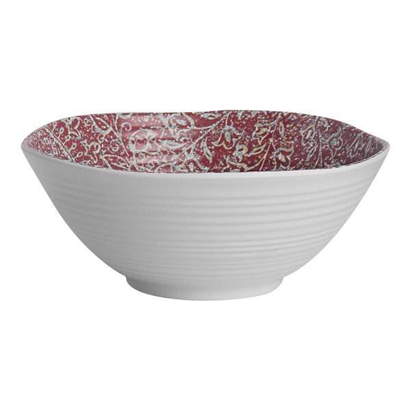 A white Steelite Solano melamine bowl with a red and white design.