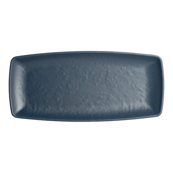 A close-up of a rectangular Creations Cali Harbor melamine plate with a textured blue surface.