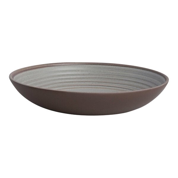 A brown Melamine bowl with a white rim and stripe design.
