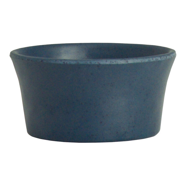 A blue melamine ramekin with speckled specks.