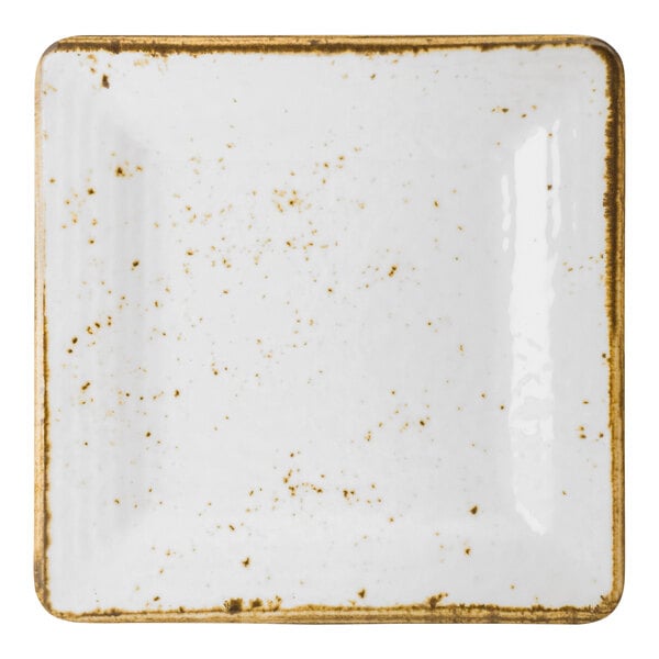 A white square Creations Craft melamine plate with brown specks.