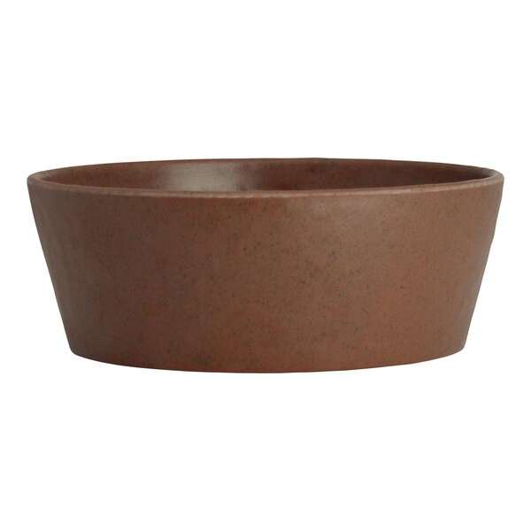 A Creations Cali redwood melamine bowl with a brown rim.