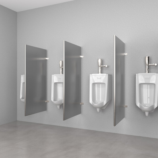 A row of Hadrian stainless steel urinal partitions with rectangular windows.