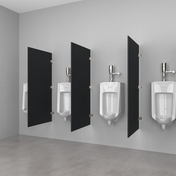 A row of urinals in a bathroom with black Hadrian Solutions phenolic partition doors.